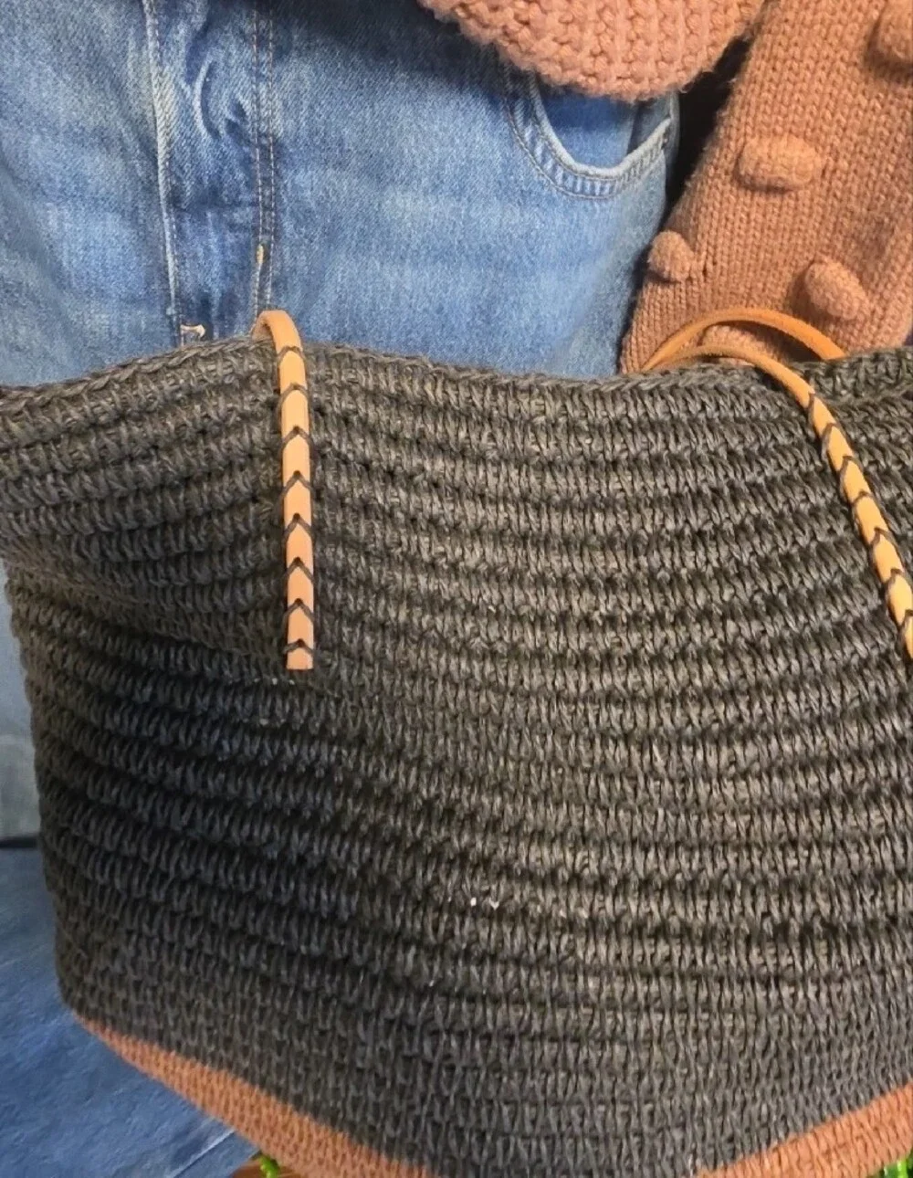 Merona Paper & Leather Two-Tone Woven Tote - Black and Brown with Tan Handles